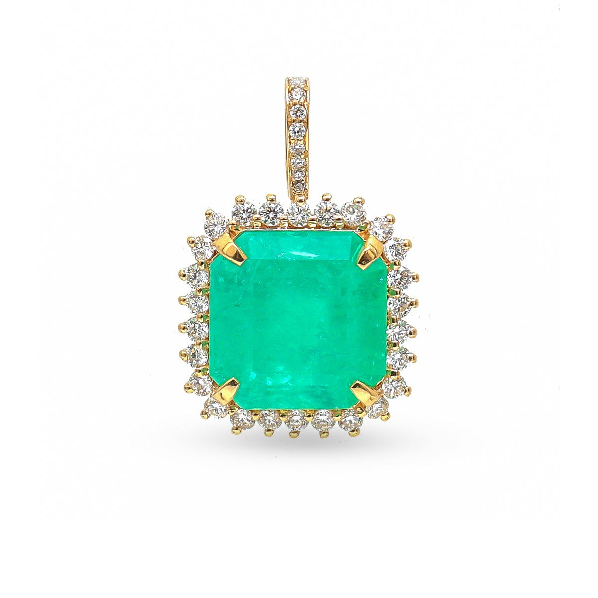 Colombian Emerald Diamond Halo 18K Yellow Gold Pendant Necklace
