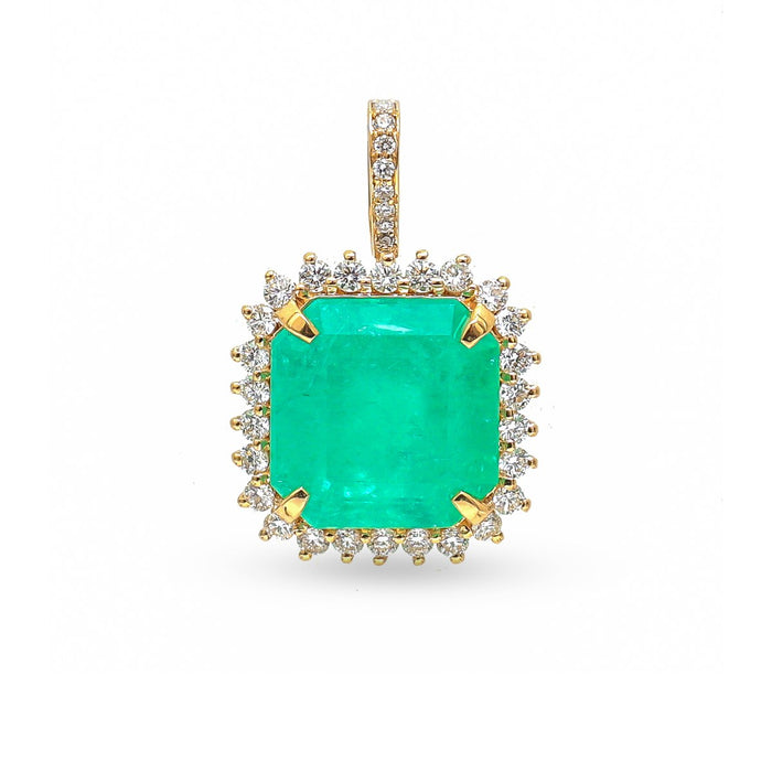 Colombian Emerald Diamond Halo 18K Yellow Gold Pendant Necklace