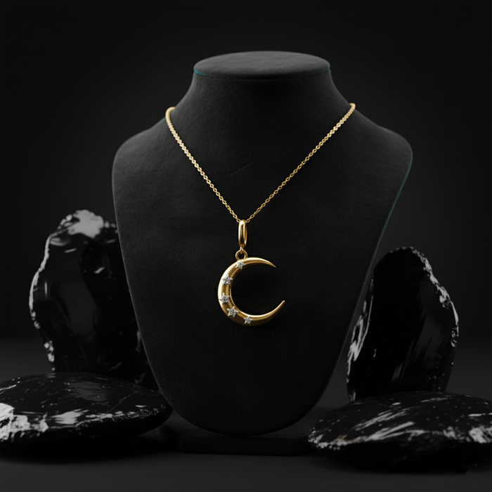 Five Diamond Moon Pendant Necklace in 14K Yellow Gold
