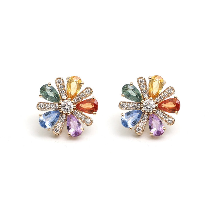 Rainbow Sapphire Floral 18K Natural Diamond Rose Gold Stud Earrings