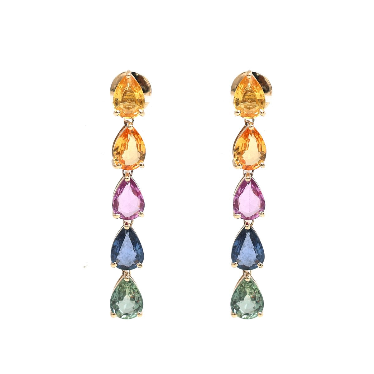 Rainbow Sapphire Linear 14K (18k Custom) Yellow Gold Drop Earrings