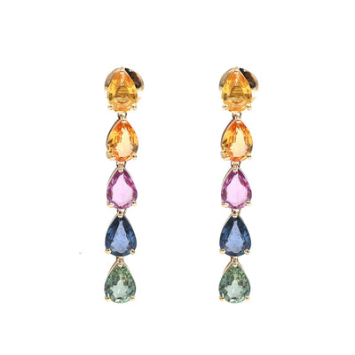 Rainbow Sapphire Linear 14K (18k Custom) Yellow Gold Drop Earrings