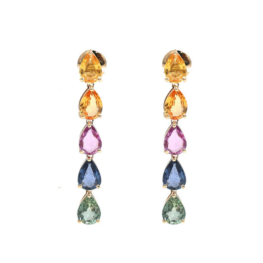 Rainbow Sapphire Linear 14K (18k Custom) Yellow Gold Drop Earrings