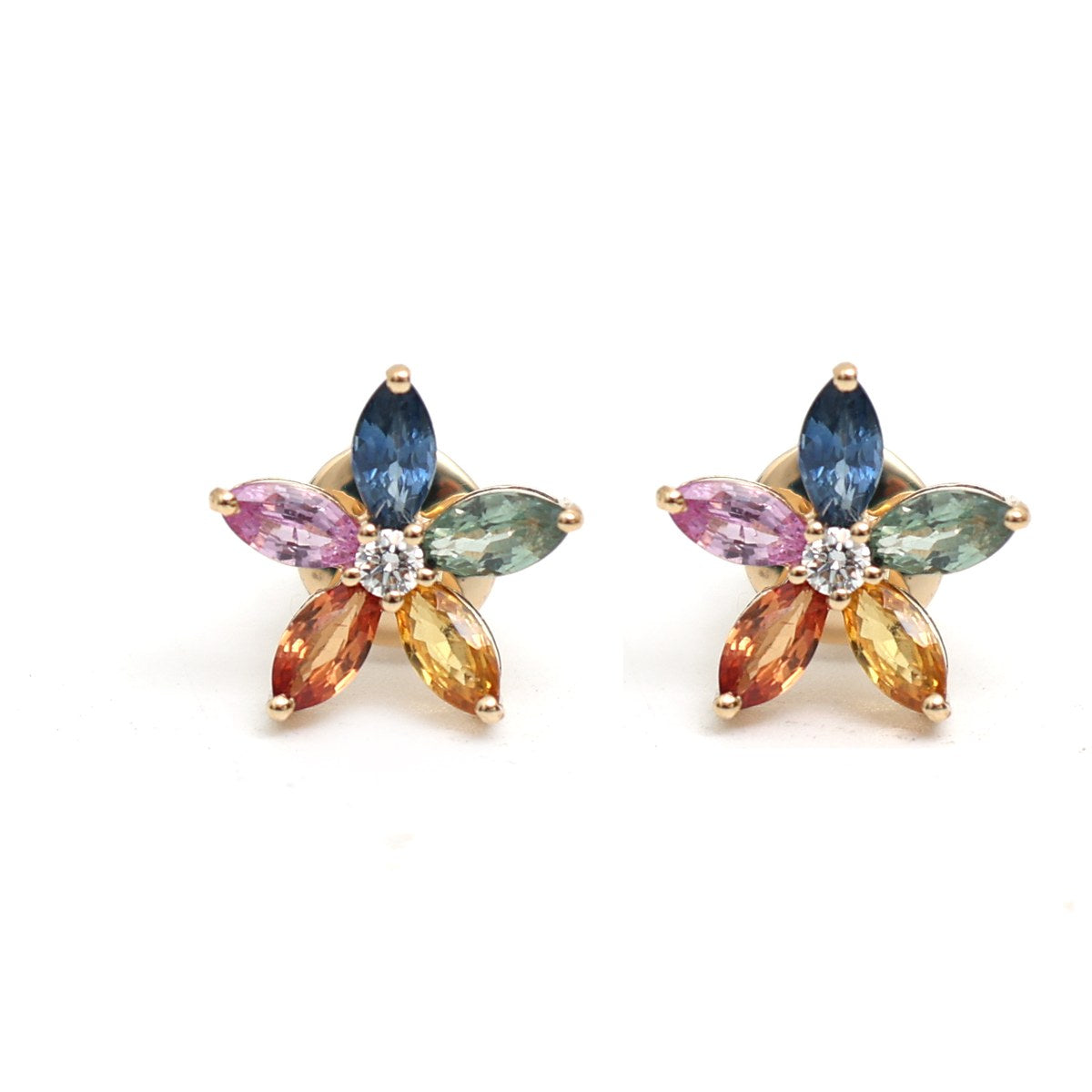 Rainbow Sapphire Bloom 18K Natural Diamond Yellow Gold Stud Earrings