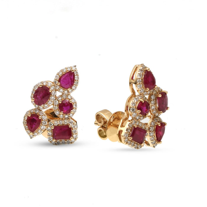 Ruby Mosaic Cluster 18K Natural Diamond Yellow Gold Stud Earrings
