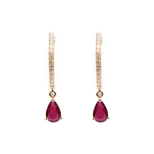 Pear Ruby Drop 18K Natural Diamond Yellow Gold Dangle Earrings