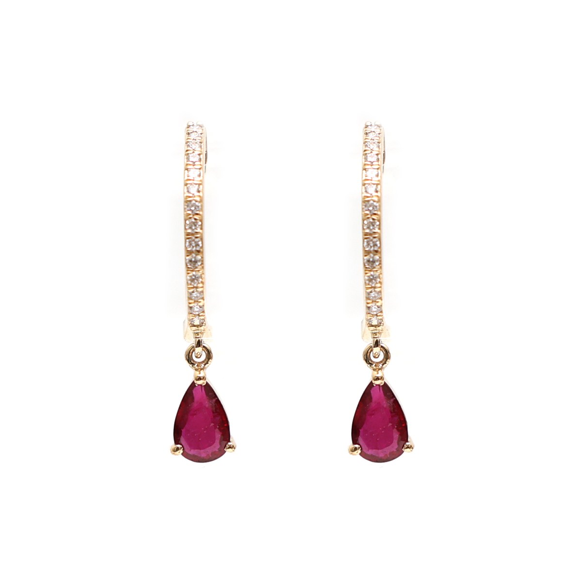 Ruby Teardrop 18K Natural Diamond Yellow Gold Dangle Earrings