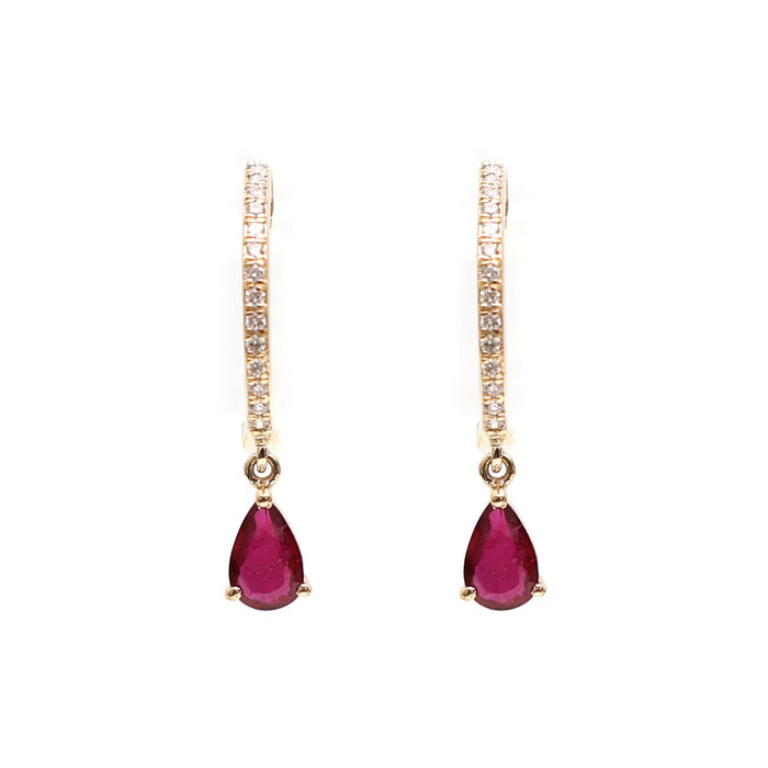 Ruby Teardrop 18K Natural Diamond Yellow Gold Dangle Earrings