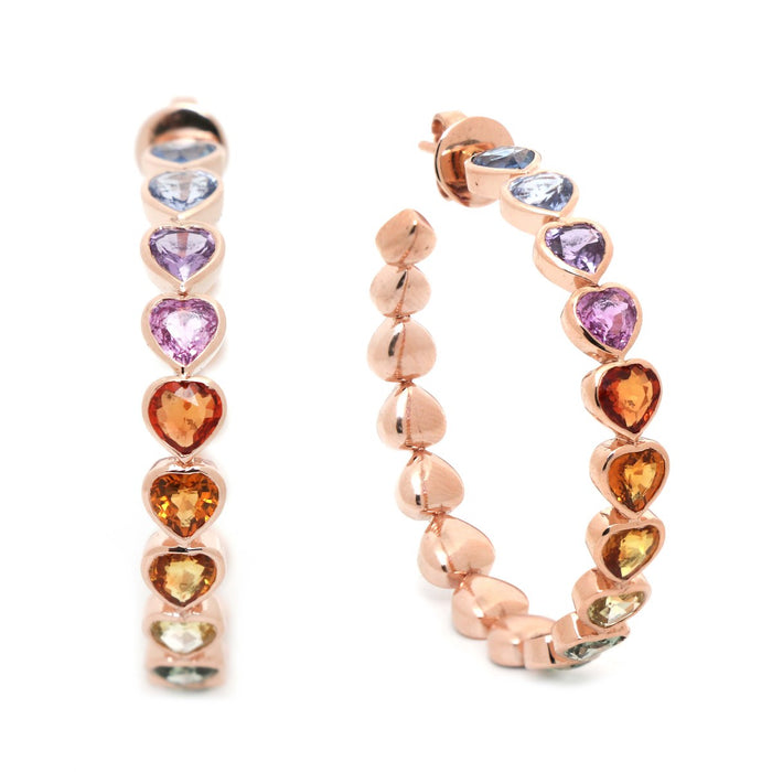 Rainbow Sapphire Heart Inside-Out 18K Rose Gold Hoop Earrings