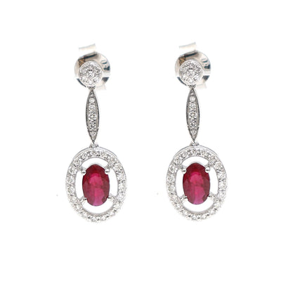 Ruby Halo 18K Natural Diamond White Gold Drop Earrings
