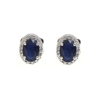 Oval Blue Sapphire Halo 14K (18K Custom) Natural Diamond White Gold Stud Earrings