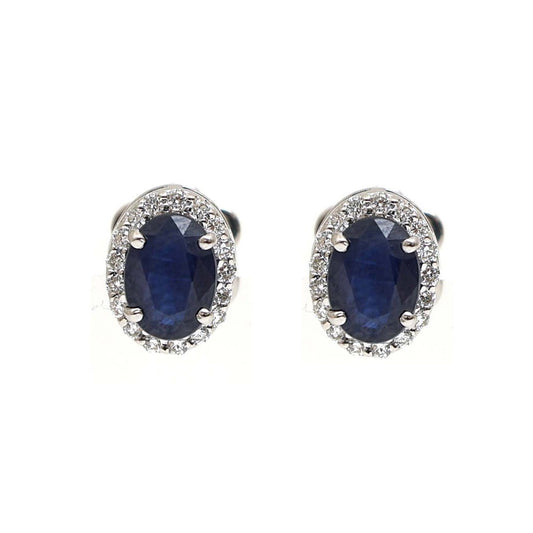 Oval Blue Sapphire Halo 14K (18K Custom) Natural Diamond White Gold Stud Earrings