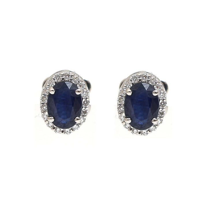 Oval Blue Sapphire Halo 14K (18K Custom) Natural Diamond White Gold Stud Earrings