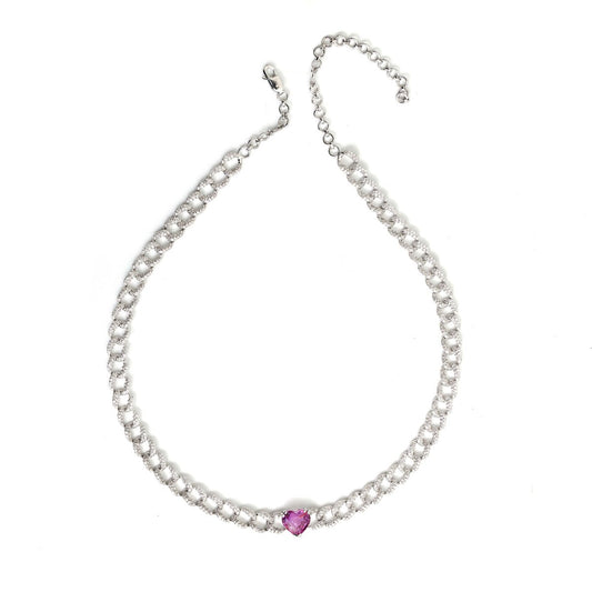 Luxury Pink Sapphire Heart 18K White Gold Statement Necklace