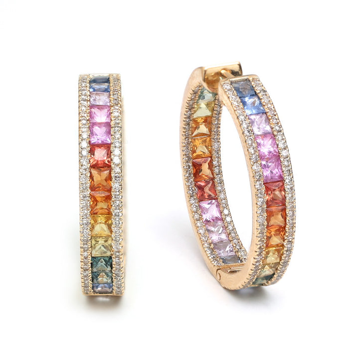 Rainbow Sapphire 18K Inside-Out Hoop Earrings with Natural Diamond Pavé Rose Gold