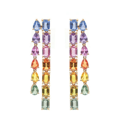 Rainbow Sapphire Prism Drop 18K Yellow Gold Earrings