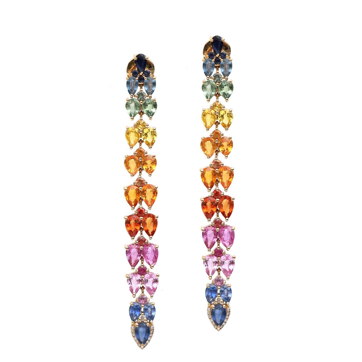 Rainbow Sapphire Cascade 18K Natural Diamond White Gold Long Drop Earrings