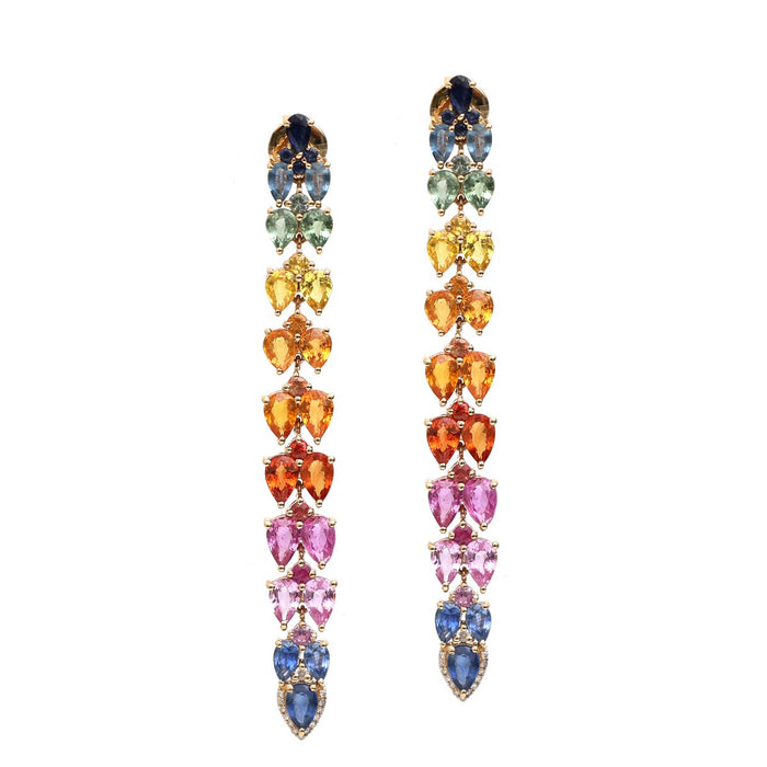 Rainbow Sapphire Cascade 18K Natural Diamond White Gold Long Drop Earrings