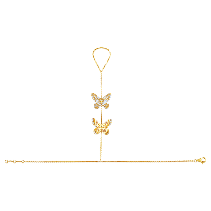 Diamond Twin Dragonfly Hand Chain in 14K Yellow Gold