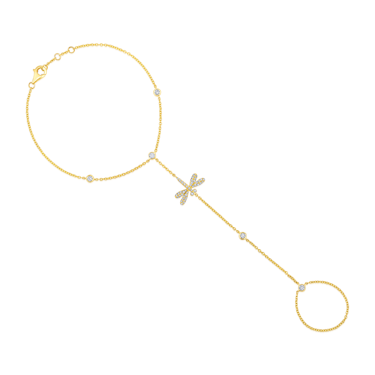 Dragonfly Hand Chain Diamond Bracelet in 14K Yellow Gold