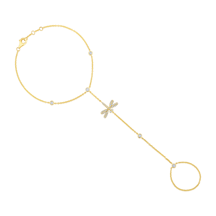 Dragonfly Hand Chain Diamond Bracelet in 14K Yellow Gold