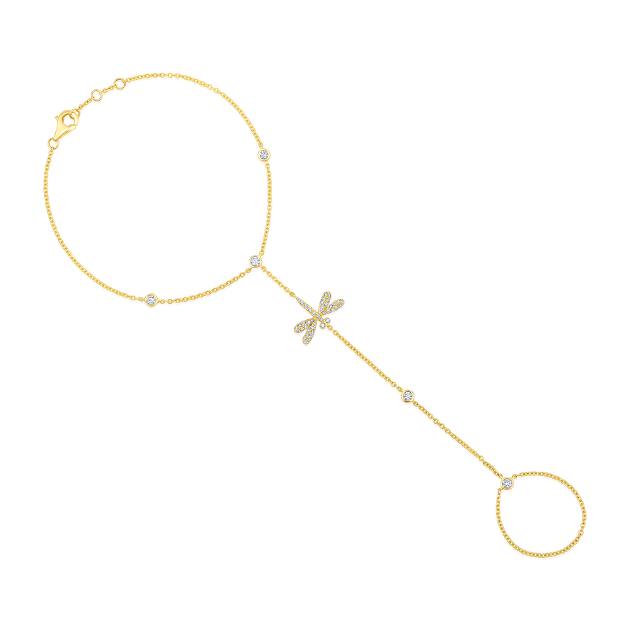 Dragonfly Hand Chain Diamond Bracelet in 14K Yellow Gold