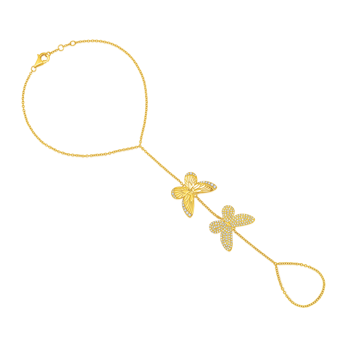 Diamond Twin Dragonfly Hand Chain in 14K Yellow Gold