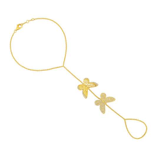 Diamond Twin Dragonfly Hand Chain in 14K Yellow Gold