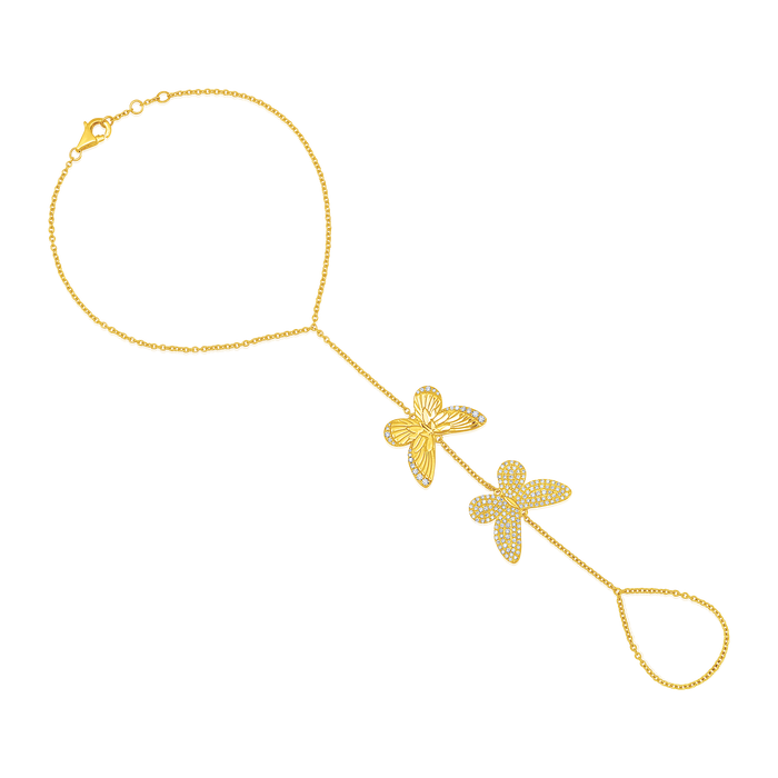 Diamond Twin Dragonfly Hand Chain in 14K Yellow Gold