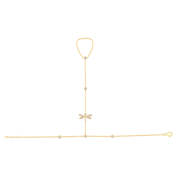 Dragonfly Hand Chain Diamond Bracelet in 14K Yellow Gold