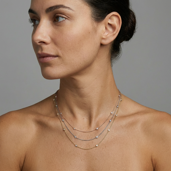 Diamond Station Round Cut Bezel Necklace in 14K Gold