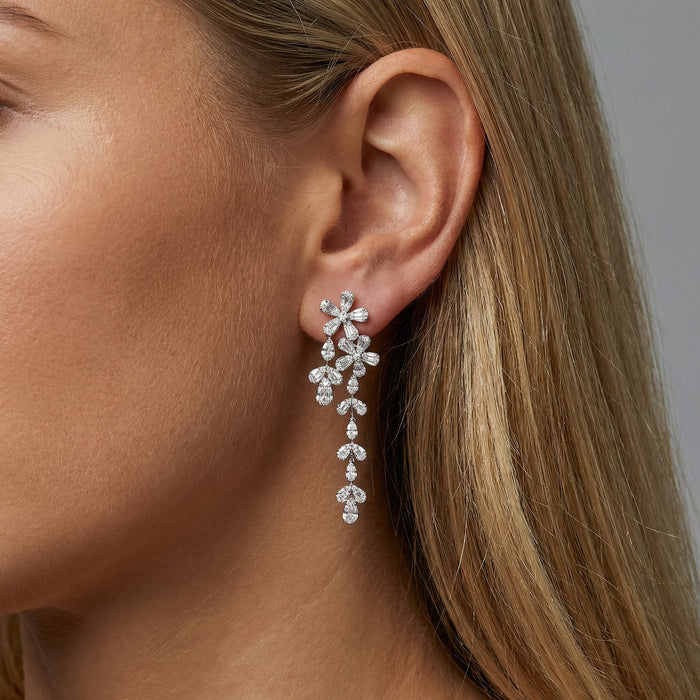 Round Baguette Round Diamond Earrings in 18K White Gold