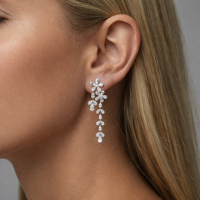 Round Baguette Round Diamond Earrings in 18K White Gold