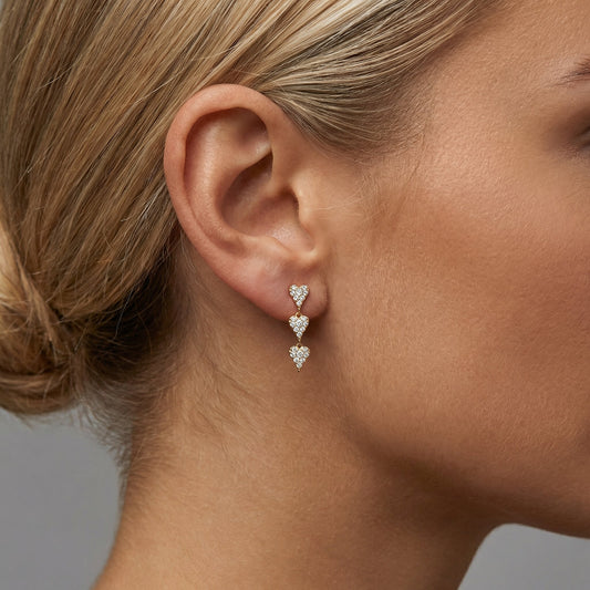 Triple Heart Trail Drop Earrings in 14K Yellow Gold