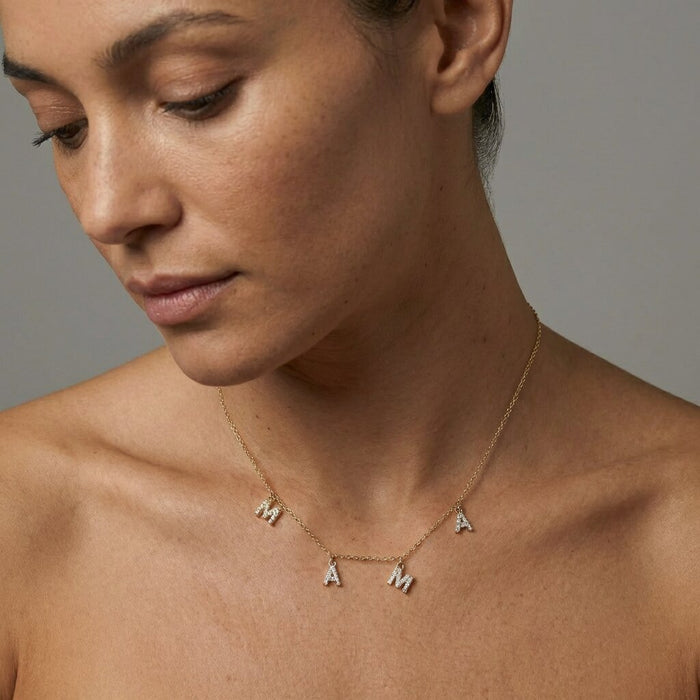 Mama Letter Diamond Necklace in 14K Yellow Gold