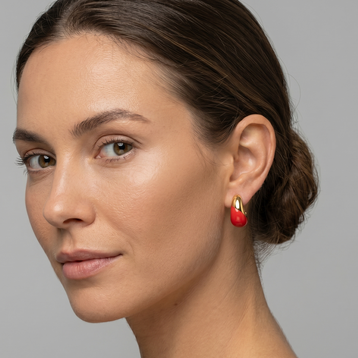 Bold Red Enamel Teardrop Stud Earrings in 14K Yellow Gold
