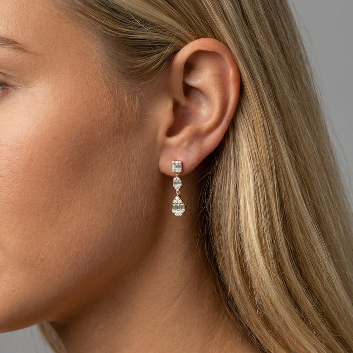 Baguette Round Triple Drop Dangle Earrings in 14K Yellow Gold