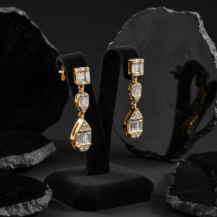 Baguette Round Triple Drop Dangle Earrings in 14K Yellow Gold