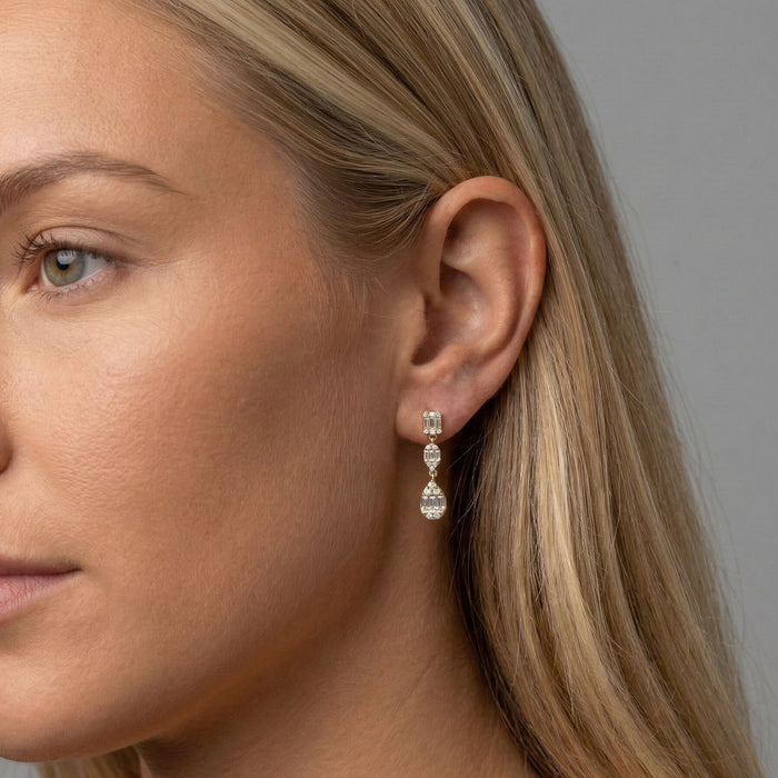Baguette Round Triple Drop Dangle Earrings in 14K Yellow Gold