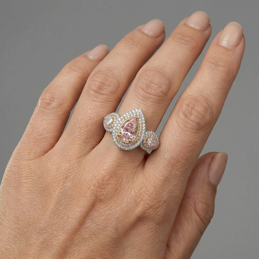 Pink Pear Shaped Halo Diamond Engagement Ring in 18K Gold