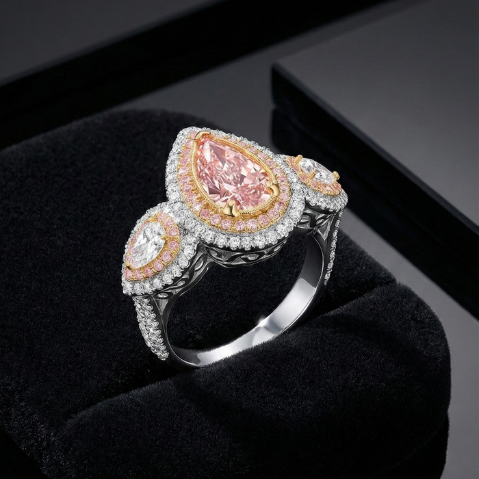 Pink Pear Shaped Halo Diamond Engagement Ring in 18K Gold