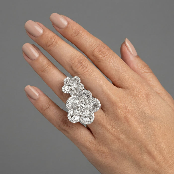 Diamond Double Flower Cocktail Ring in 18K White Gold