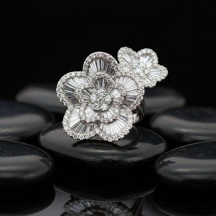 Diamond Double Flower Cocktail Ring in 18K White Gold