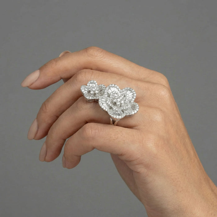 Diamond Double Flower Cocktail Ring in 18K White Gold