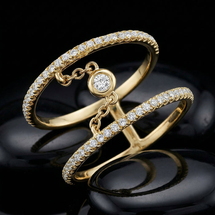 Double Band 14K (or 18k upon request) Yellow Gold Chain Link Diamond Ring