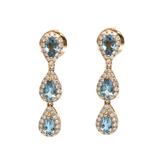 Aquamarine Halo 18K Natural Diamond Yellow Gold Drop Earrings