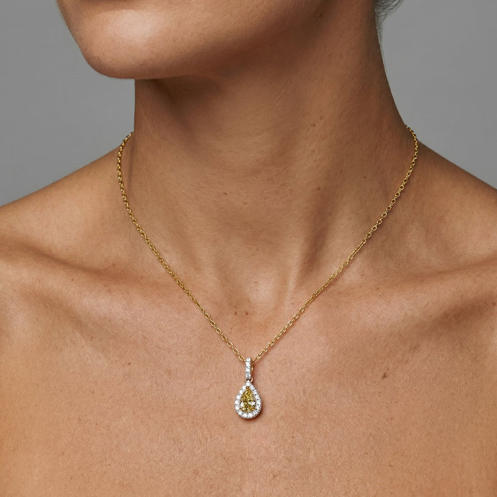Pear Yellow Diamond Brilliant Halo Necklace in 14K Gold