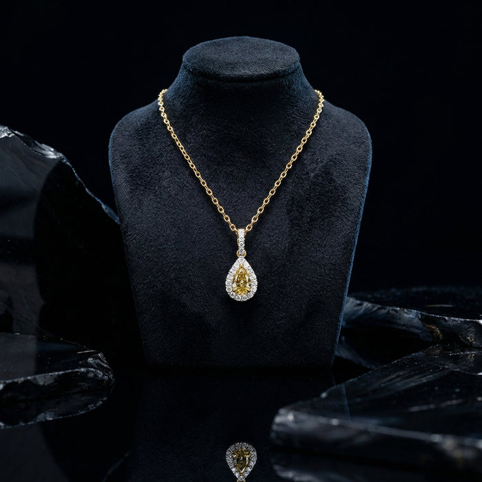 Pear Yellow Diamond Brilliant Halo Necklace in 14K Gold