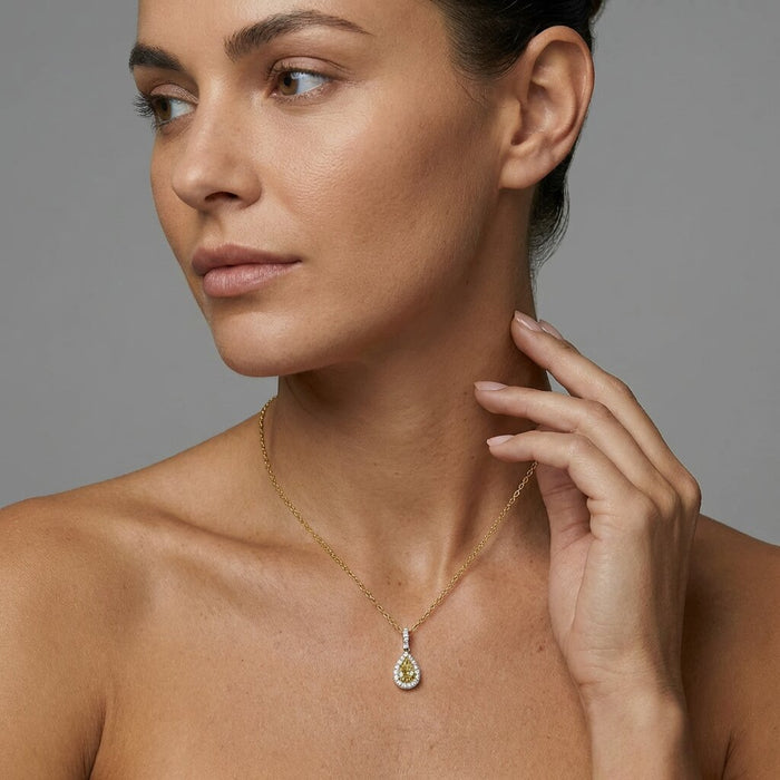 Pear Yellow Diamond Brilliant Halo Necklace in 14K Gold
