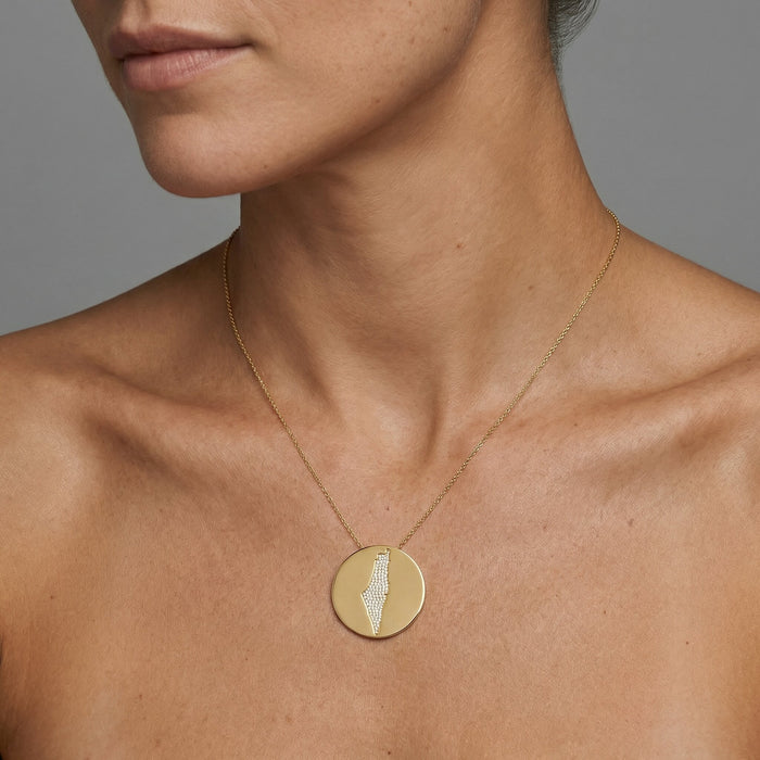 Map Pendant Diamond Medallion Necklace in 14K Yellow Gold